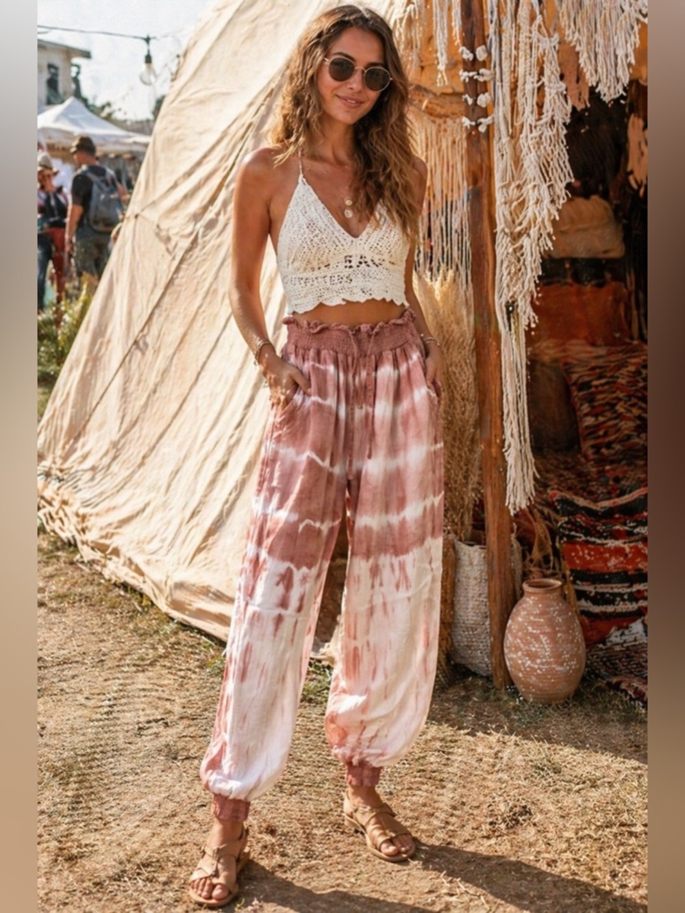 Tie Dye Jogger Pants Festival Boho Elastic Waist Pockets Lyocell Size M